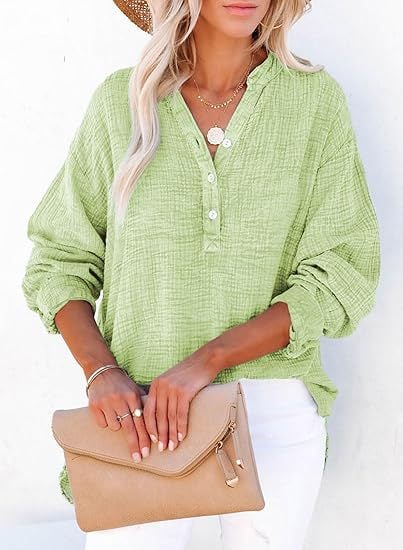 Womens Casual Button V Neck Long Sleeve Shirts Oversized Solid Blouses Tops