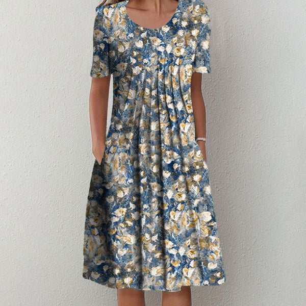 Chic Floral Print Short Sleeve Midi Dress