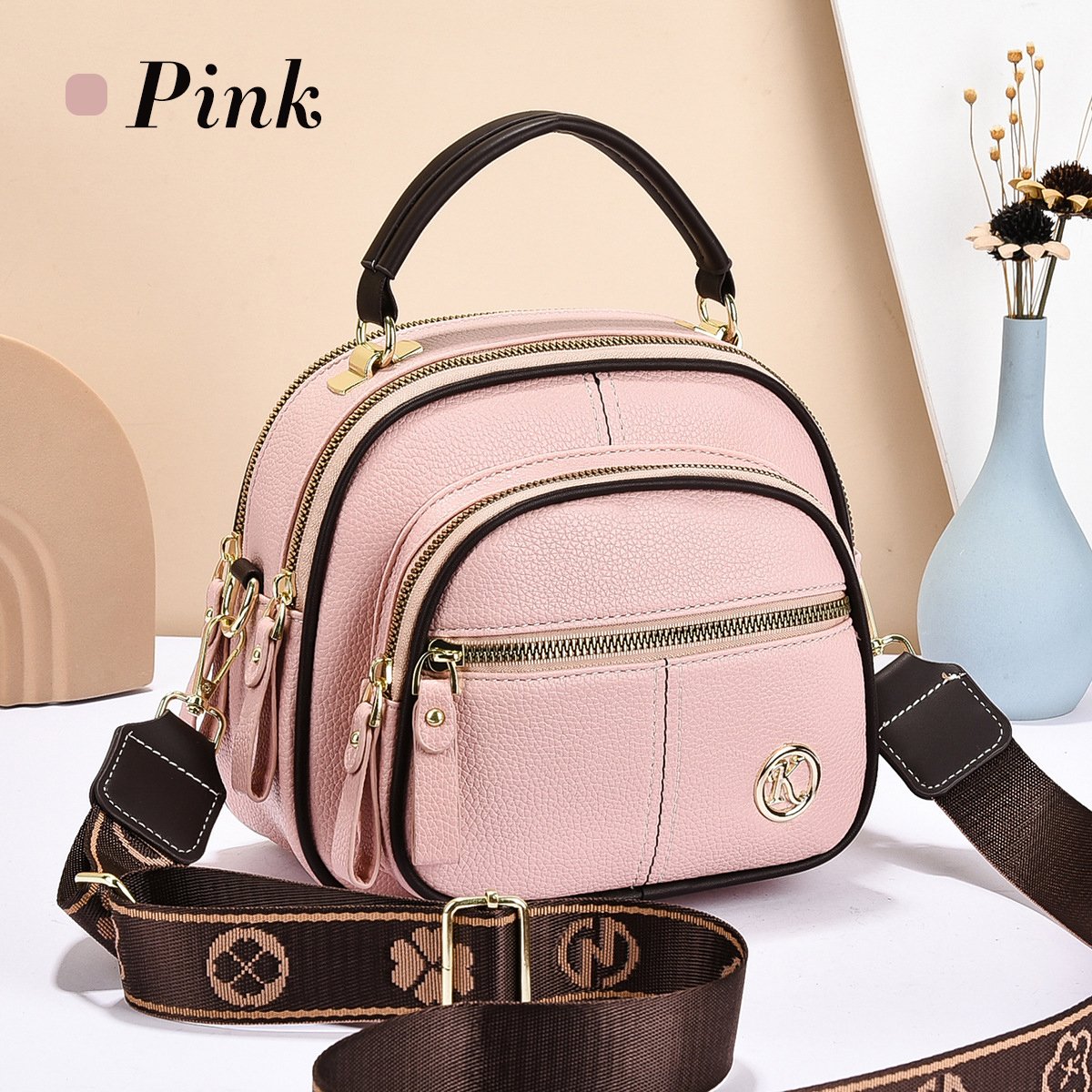 Classic Leather Crossbody Bag with Multifunctional Compartments & Adjustable Wide Strap