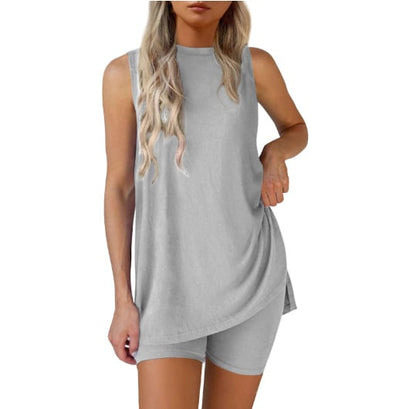 Sleeveless Crewneck Women's 2 Piece Sets Resort Split Hem Fitted