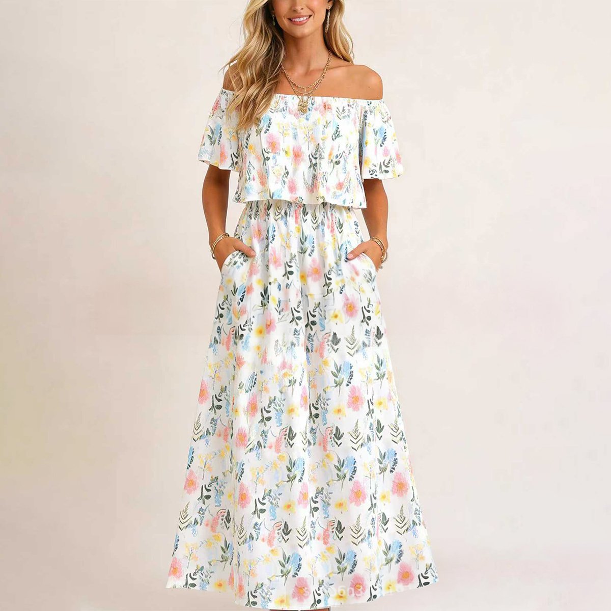 Women's Off The Shoulder Dress Wedding Guest Dress Summer Casual Long Ruffle Party Side Split Beach Maxi Dresses