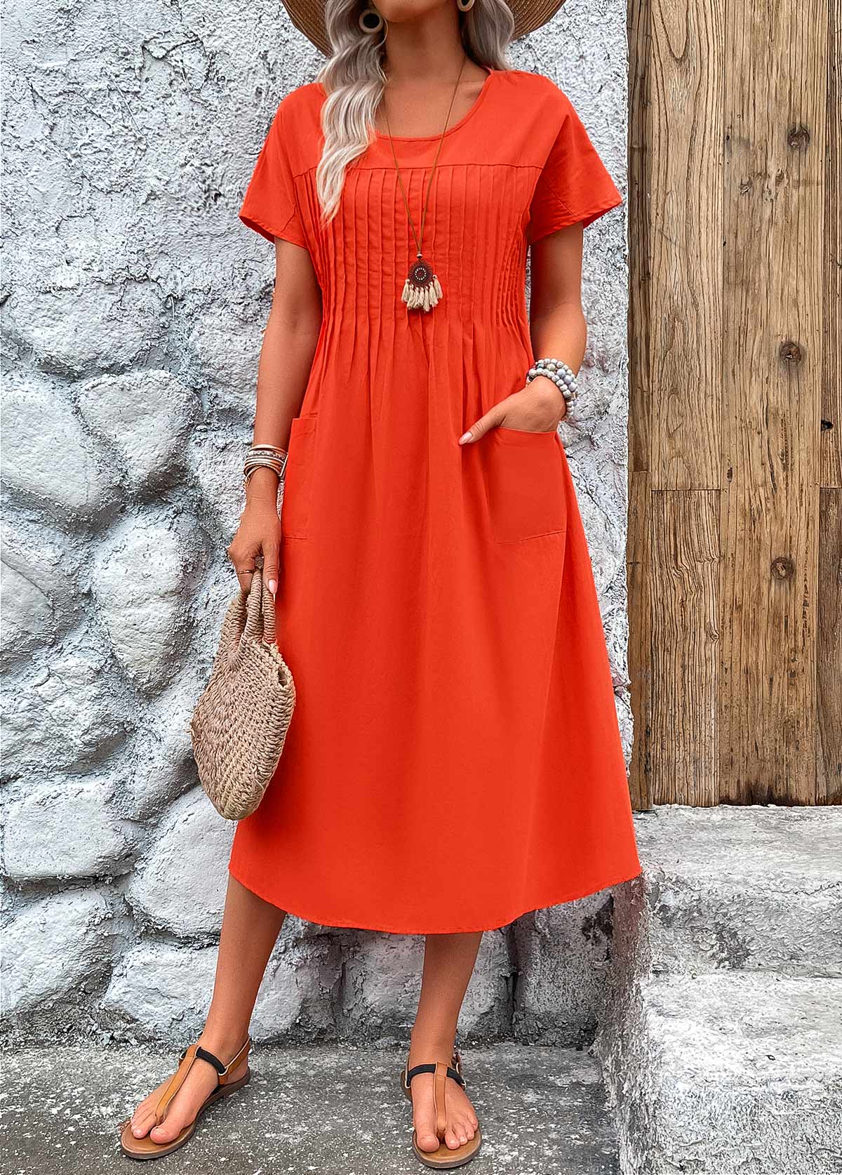 Stitch Short Sleeve Round Neck Dress