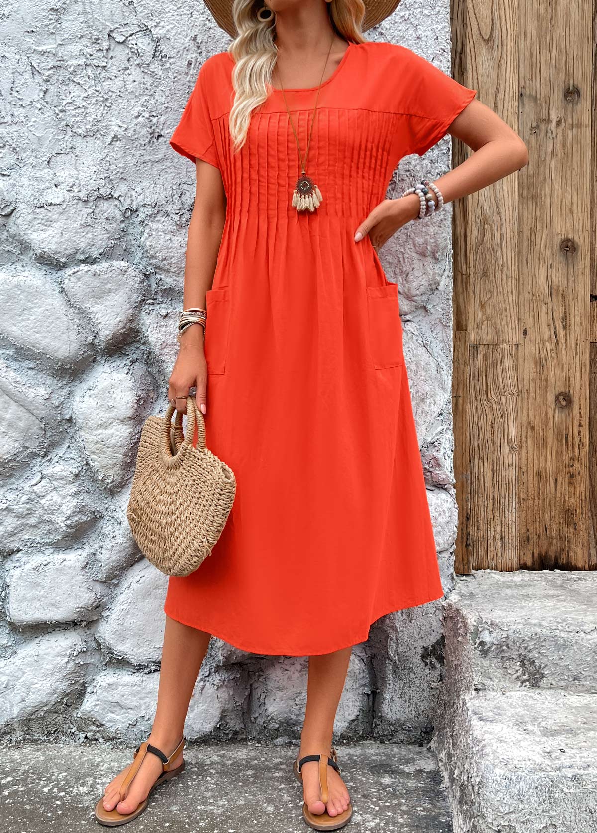 Stitch Short Sleeve Round Neck Dress