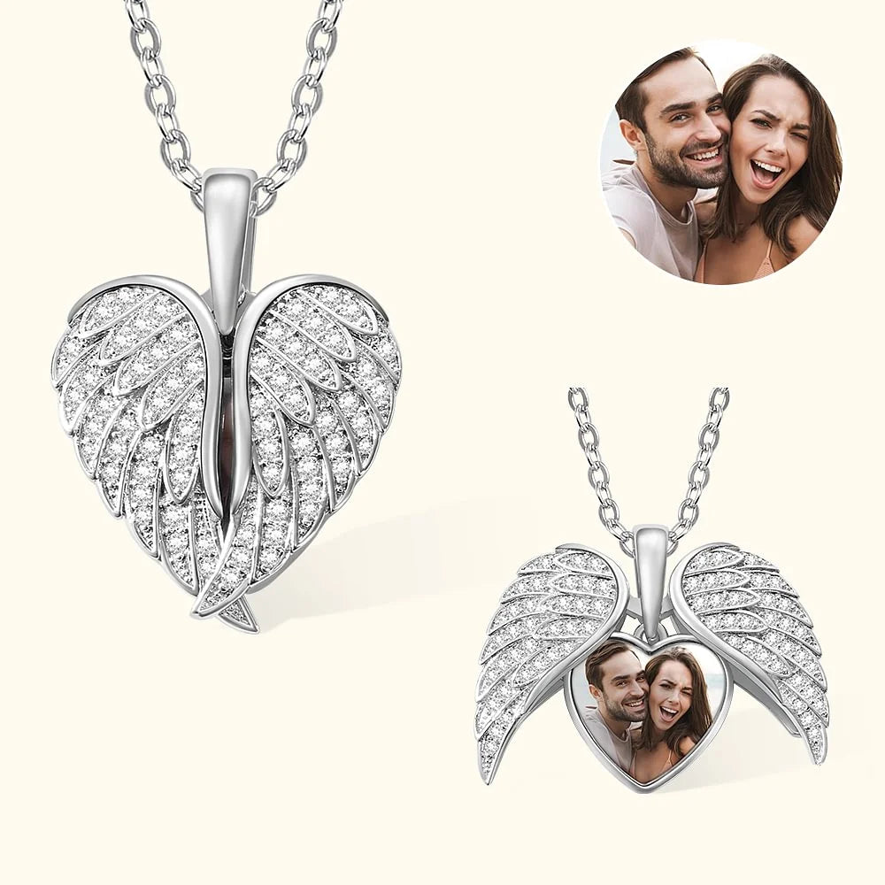 Personalized Cubic Zircon Heart Shape Angel Wing Photo Locket Necklace Anniversary Birthday Gift