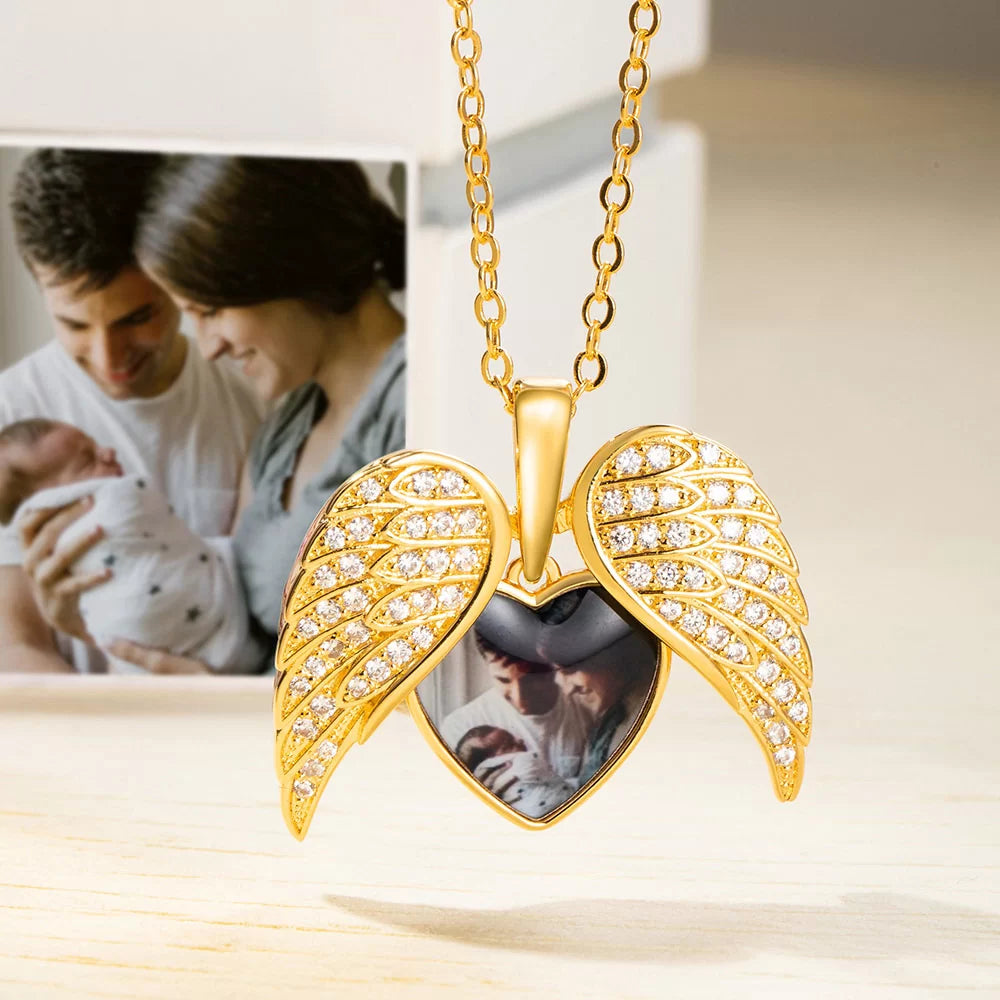 Personalized Cubic Zircon Heart Shape Angel Wing Photo Locket Necklace Anniversary Birthday Gift
