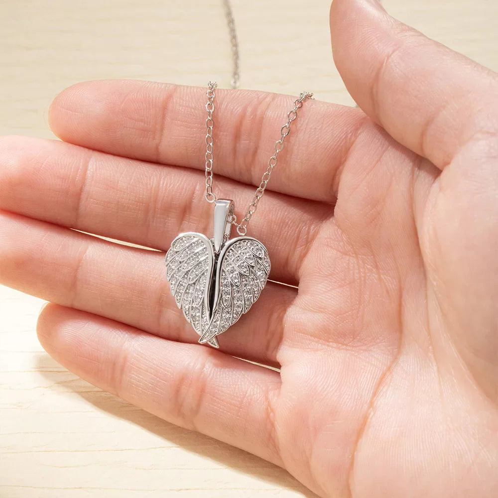 Personalized Cubic Zircon Heart Shape Angel Wing Photo Locket Necklace Anniversary Birthday Gift