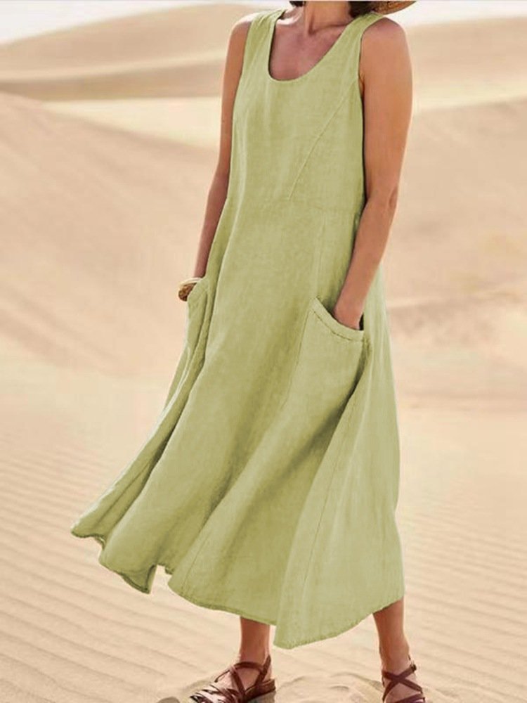 Last Day 49% OFF Women Cotton Linen Sundress Summer Sleeveless Loose Pocket Long Dress Buy 2 Get Free Shipping Today