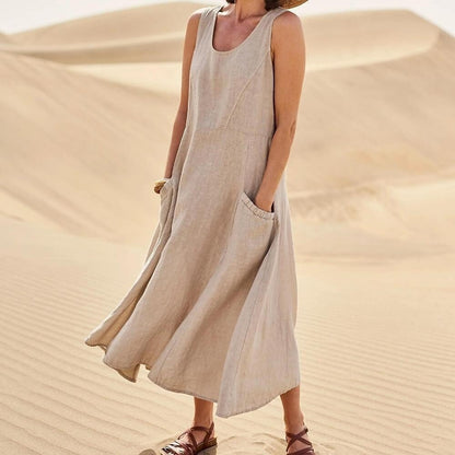 Last Day 49% OFF Women Cotton Linen Sundress Summer Sleeveless Loose Pocket Long Dress Buy 2 Get Free Shipping Today