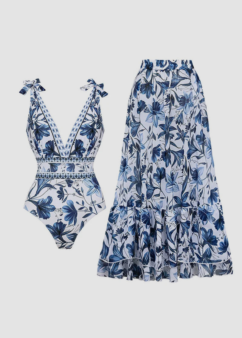 ✨Last Day 49% OFF✨V Neck Lace Up Printed One Piece Swimsuit and Skirt-Buy 2 Get Free Shipping Today