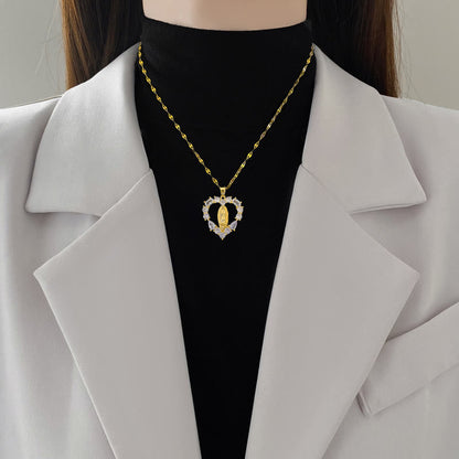 Luxury Style Heart-shaped Gemstone Encrusted Our Lady of Guadalupe Pendant Necklace