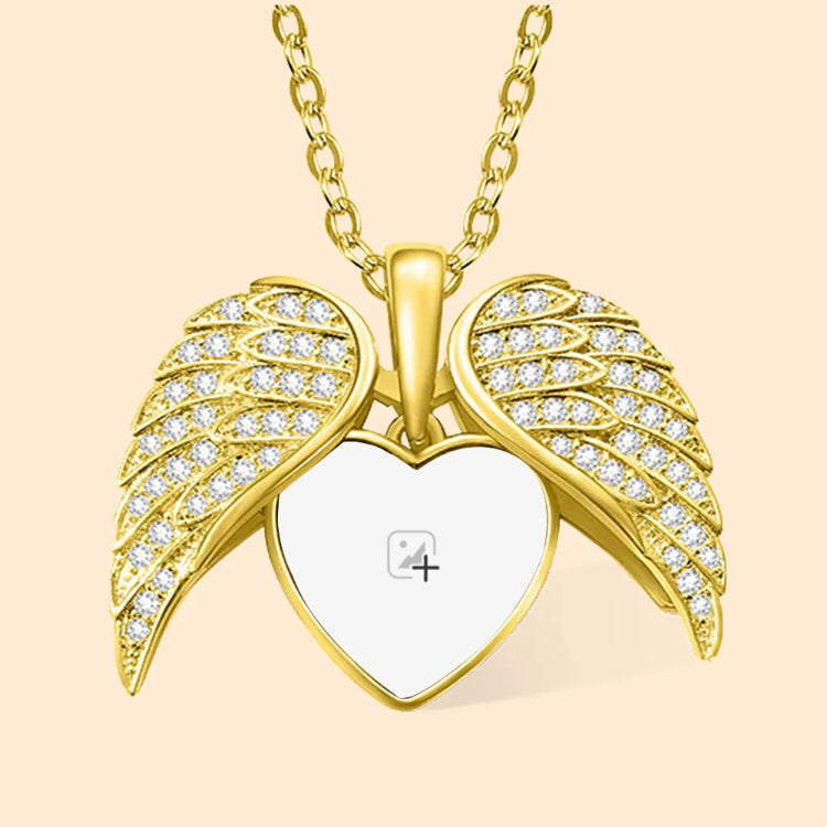 Personalized Cubic Zircon Heart Shape Angel Wing Photo Locket Necklace Anniversary Birthday Gift