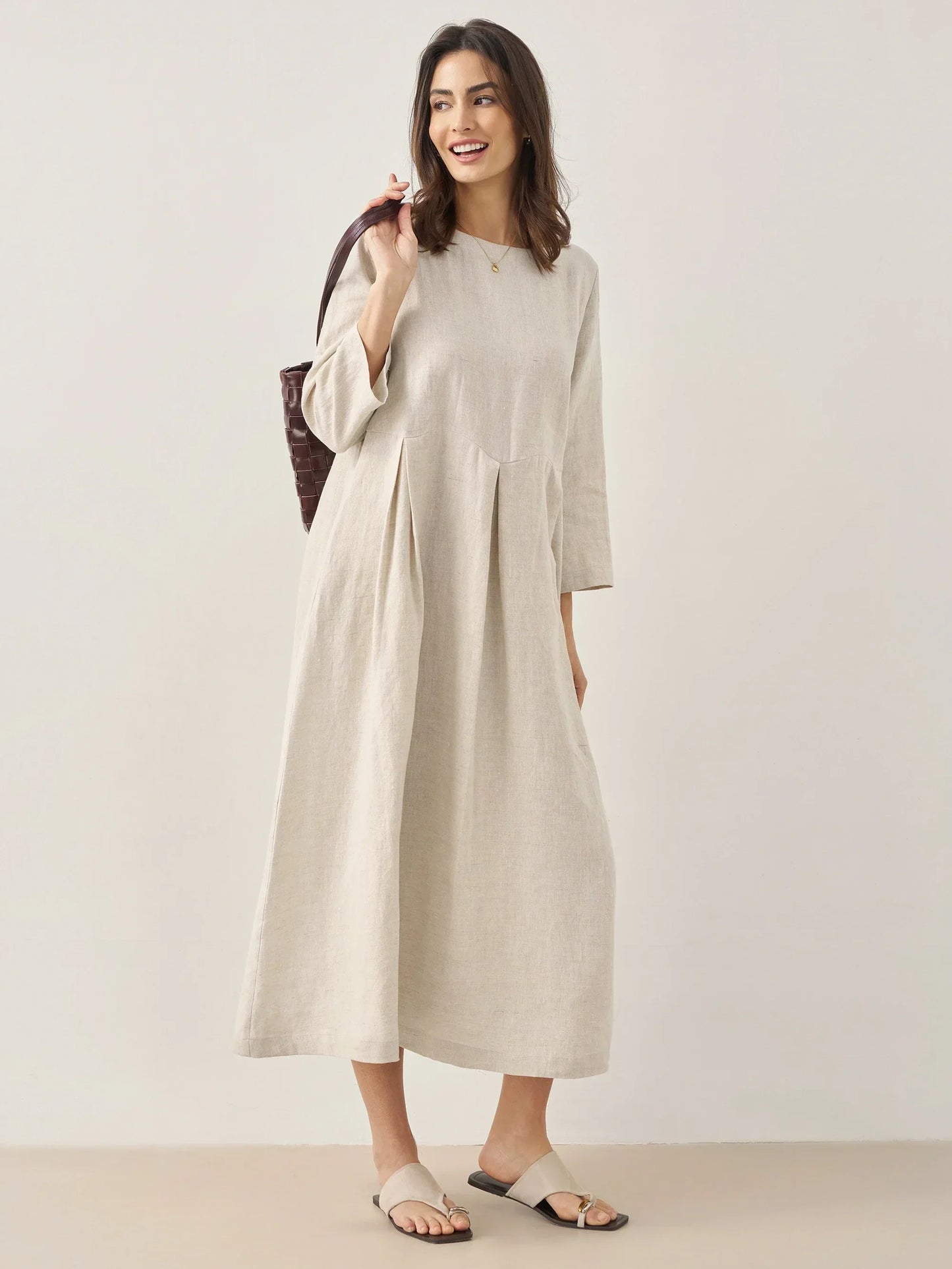 100% Linen Bateau Neck Pleated Maxi Dress
