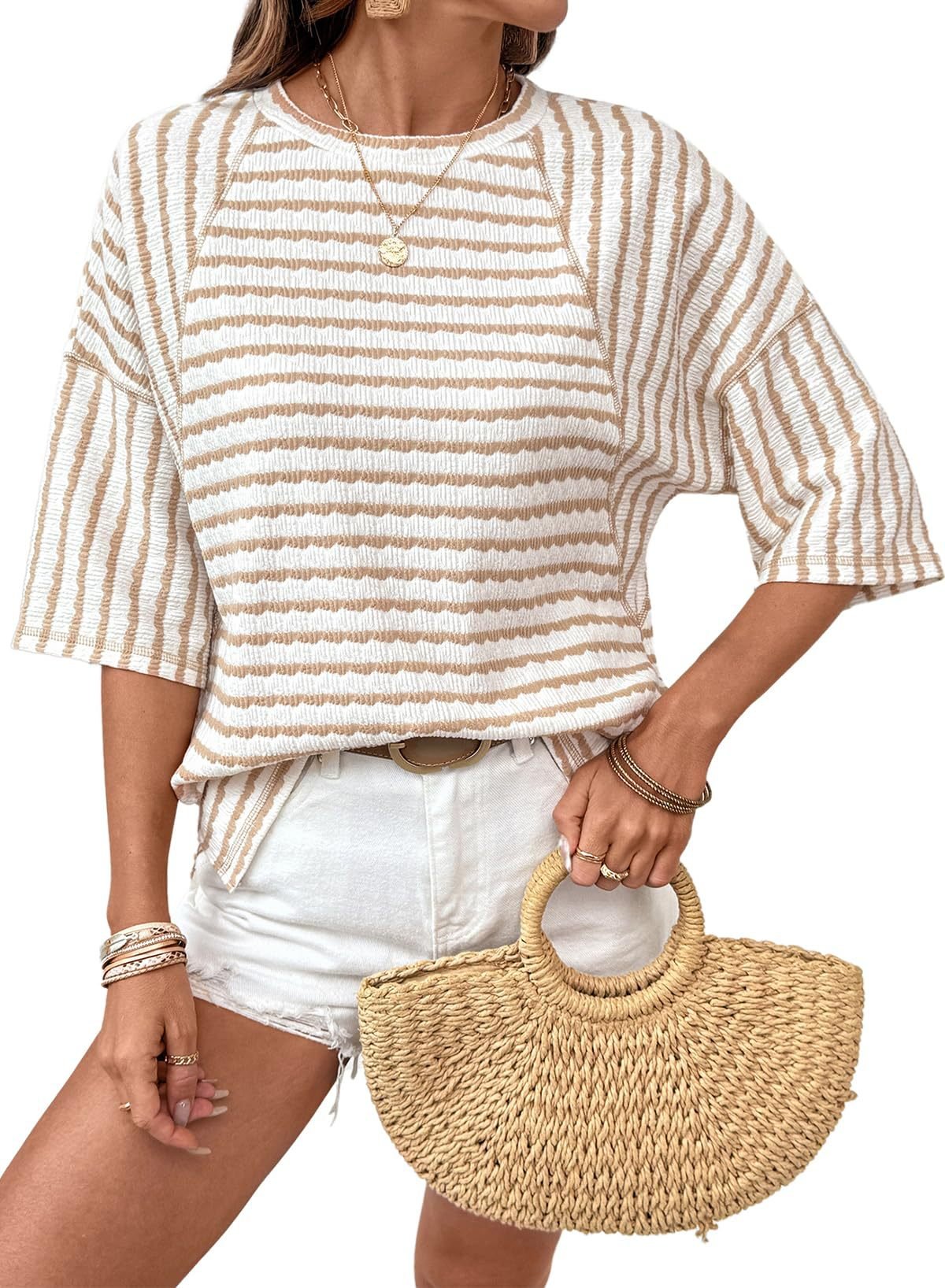 Women's Oversized Striped Color Block Summer T-Shirt