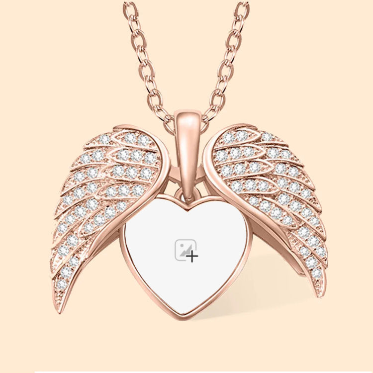 Personalized Cubic Zircon Heart Shape Angel Wing Photo Locket Necklace Anniversary Birthday Gift