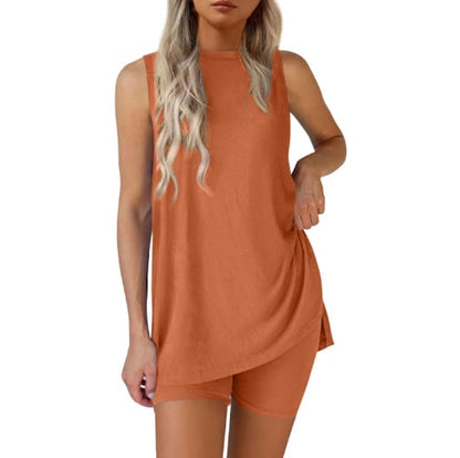 Sleeveless Crewneck Women's 2 Piece Sets Resort Split Hem Fitted