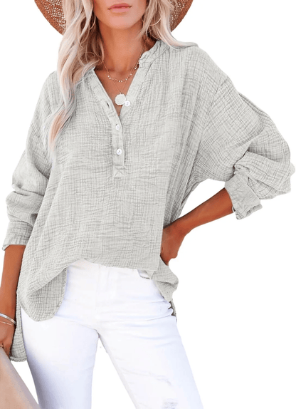 Womens Casual Gauze Button Neck Long Sleeve Oversized Blouses Tops