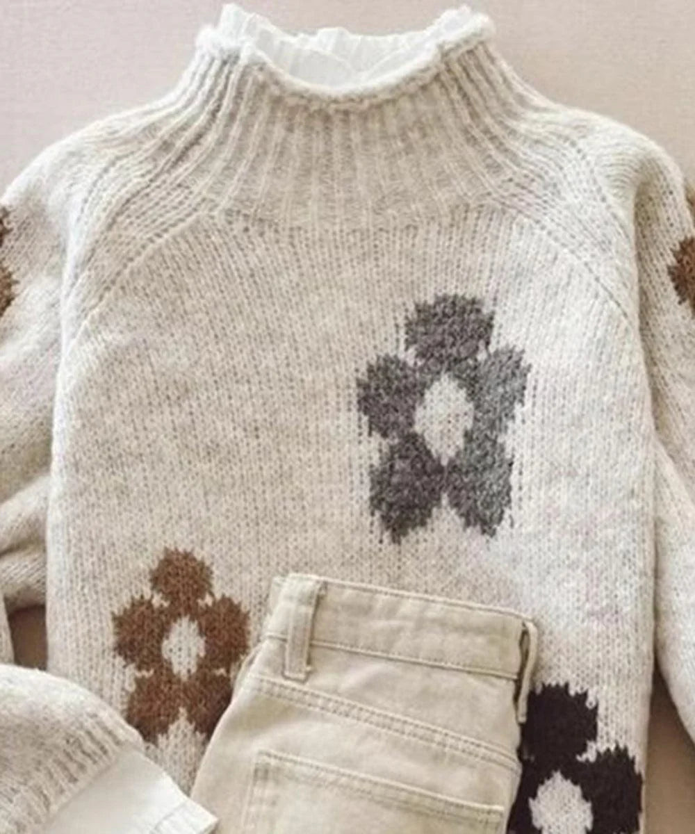 Retro Brown Mock Neck Long Sleeve Sweater