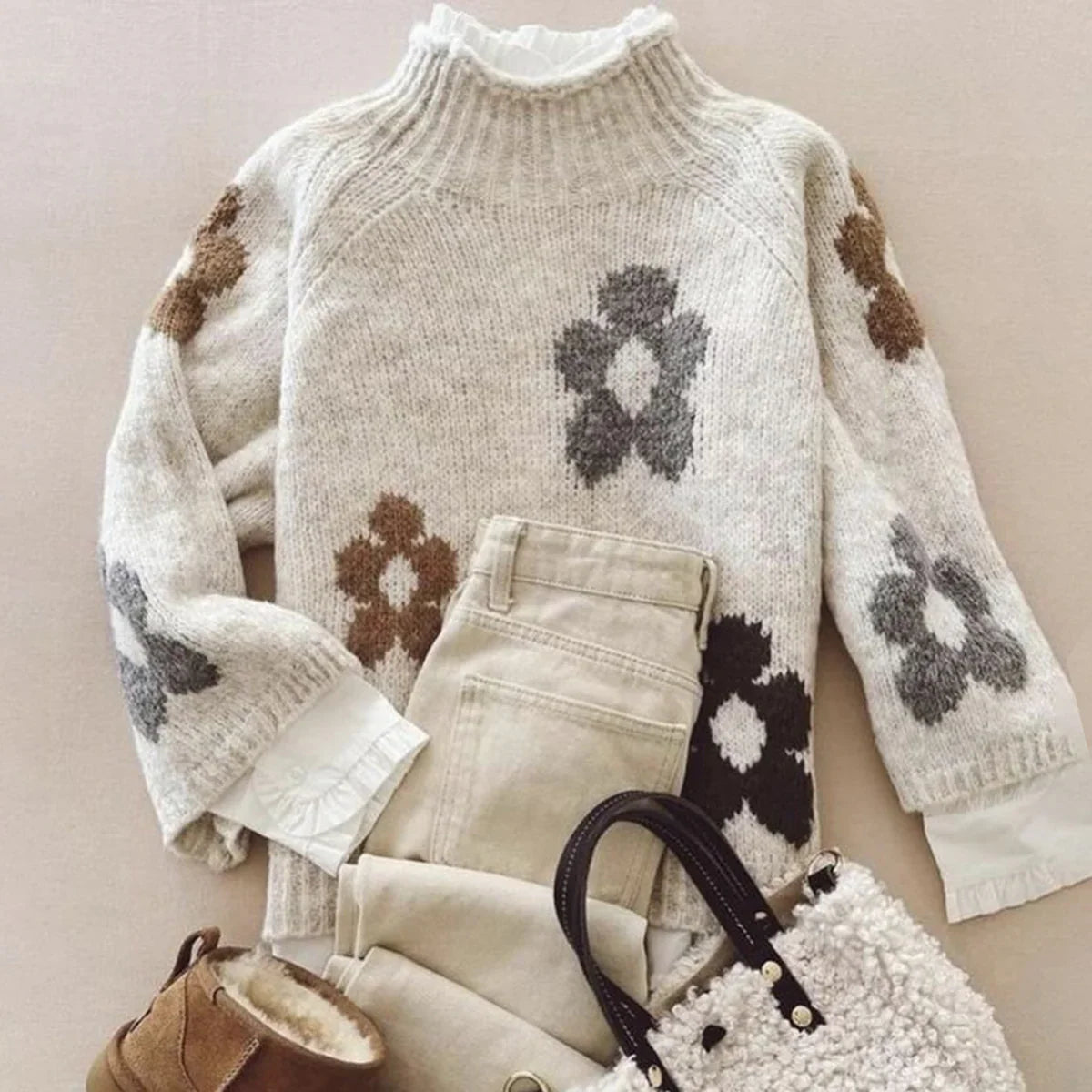 Retro Brown Mock Neck Long Sleeve Sweater