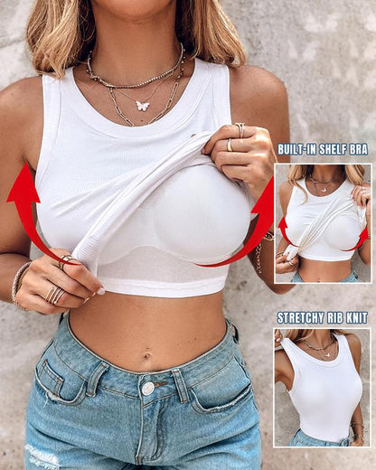 Round Neck Built-in Bra Ribbed Tank Top Fit