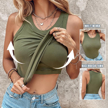Round Neck Built-in Bra Ribbed Tank Top Fit