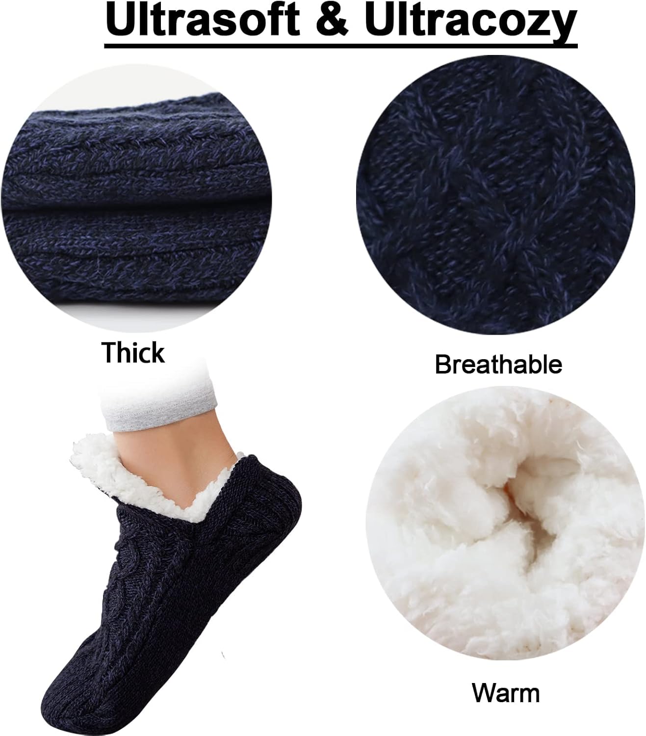 Koreshion Women Knitted Slipper Socks Cozy Sherpa Fuzzy Socks Non Slip Socks Winter Indoor Double Layer Bedroom Slipper Socks