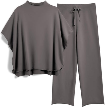 Women's 2-Piece Lounge Set – 3/4 Batwing Sleeve Capelet Top & Wide-Leg Pants