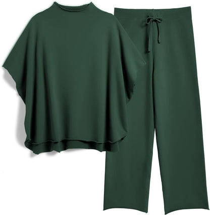 Women's 2-Piece Lounge Set – 3/4 Batwing Sleeve Capelet Top & Wide-Leg Pants
