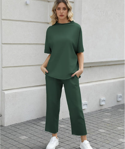 Women's 2-Piece Lounge Set – 3/4 Batwing Sleeve Capelet Top & Wide-Leg Pants