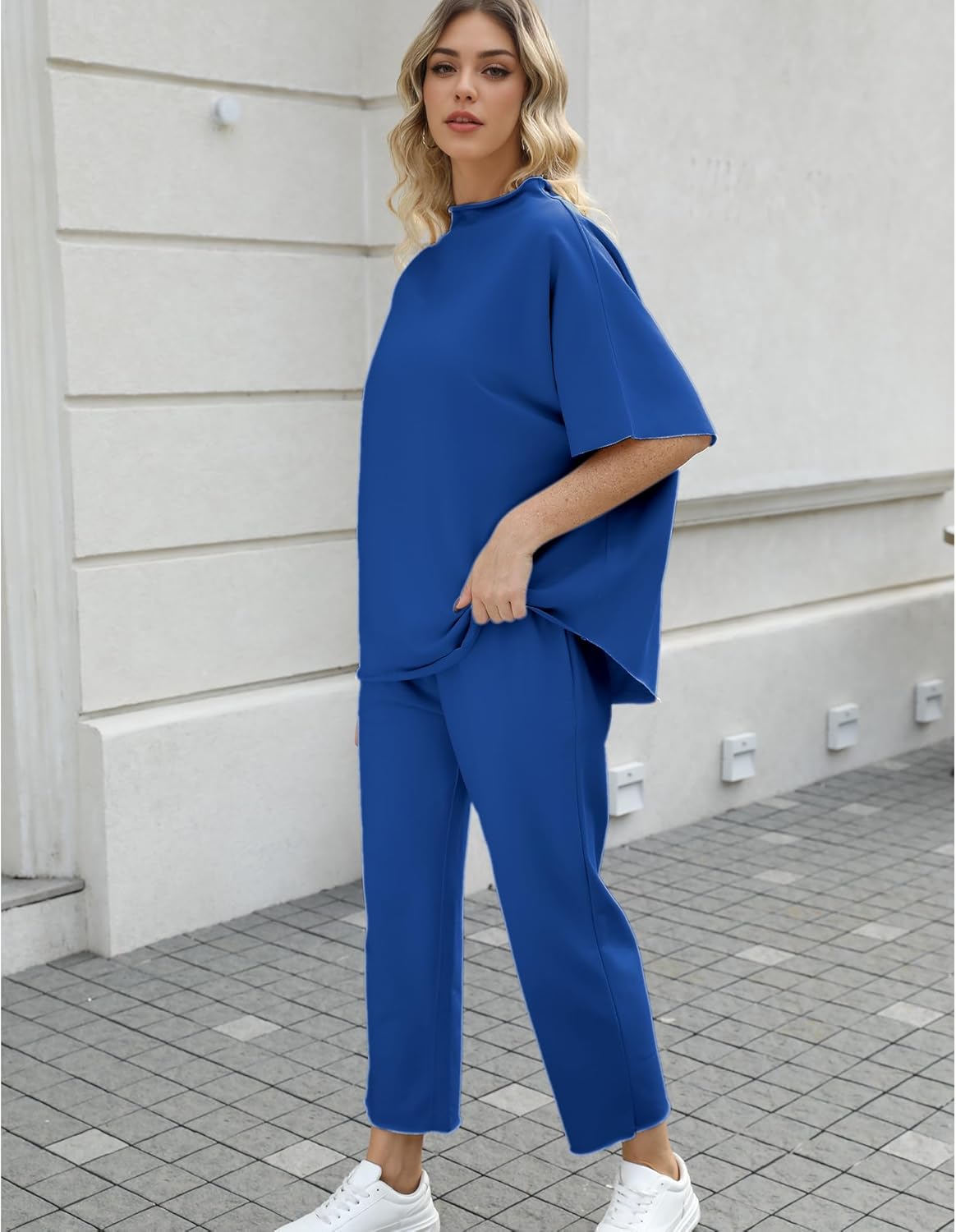 Women's 2-Piece Lounge Set – 3/4 Batwing Sleeve Capelet Top & Wide-Leg Pants
