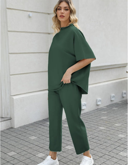 Women's 2-Piece Lounge Set – 3/4 Batwing Sleeve Capelet Top & Wide-Leg Pants