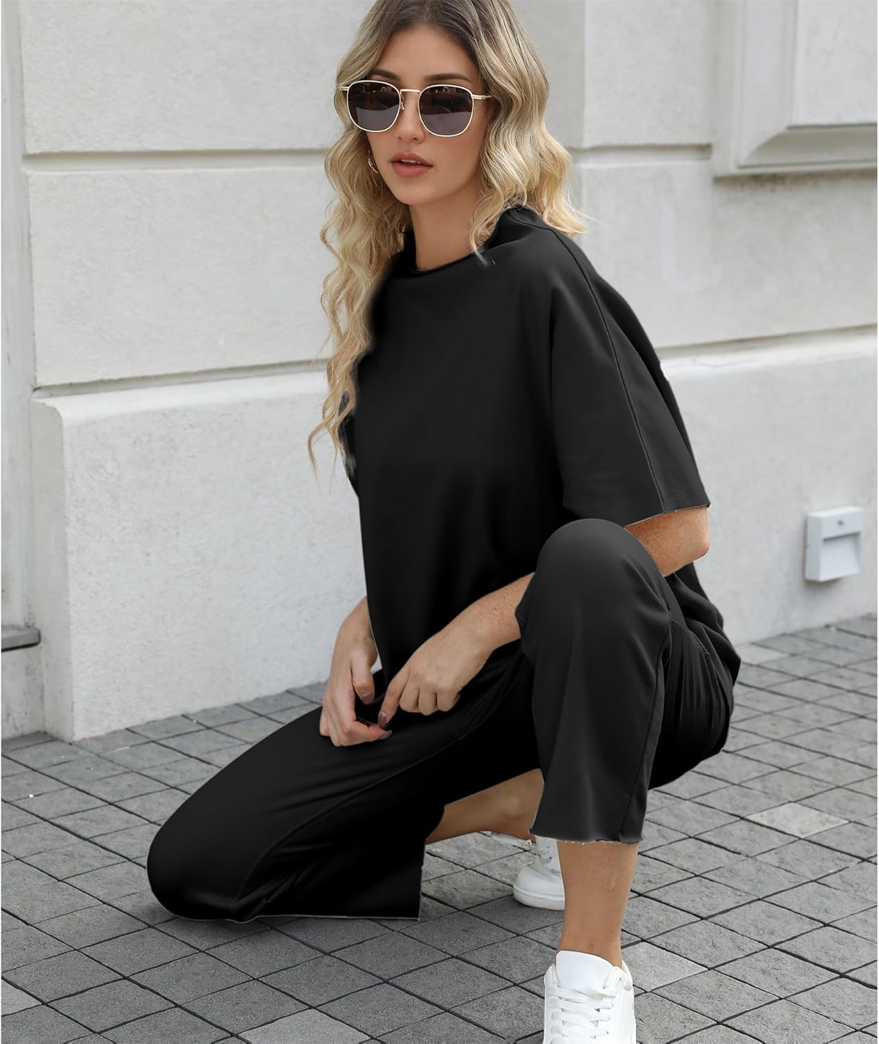 Women's 2-Piece Lounge Set – 3/4 Batwing Sleeve Capelet Top & Wide-Leg Pants