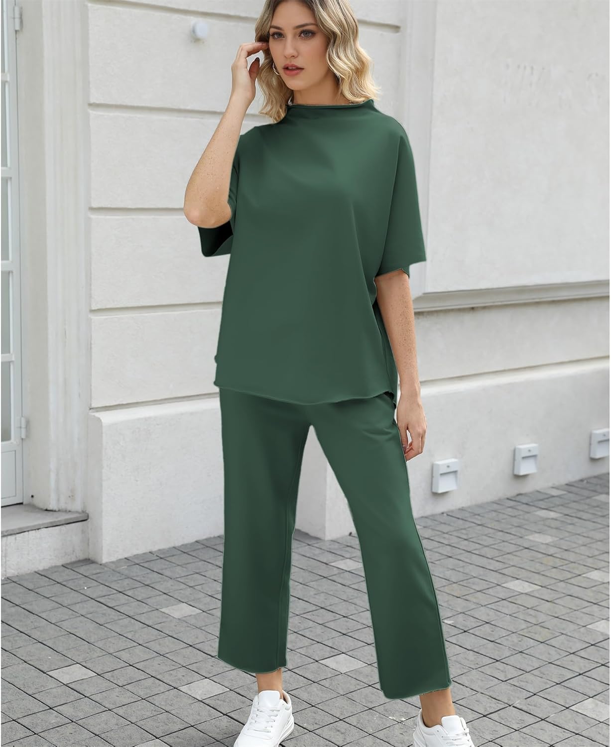 Women's 2-Piece Lounge Set – 3/4 Batwing Sleeve Capelet Top & Wide-Leg Pants