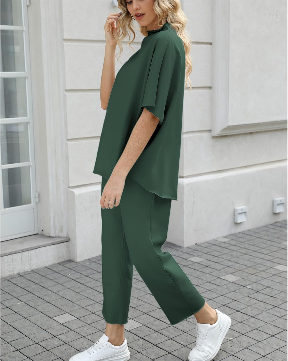 Women's 2-Piece Lounge Set – 3/4 Batwing Sleeve Capelet Top & Wide-Leg Pants