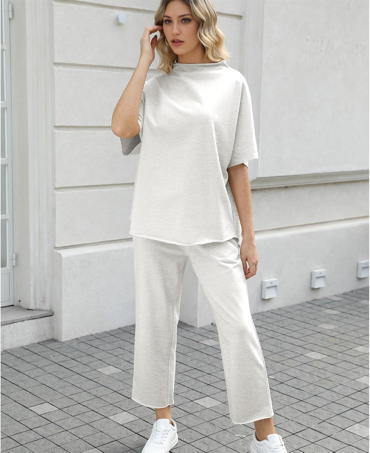 Women's 2-Piece Lounge Set – 3/4 Batwing Sleeve Capelet Top & Wide-Leg Pants