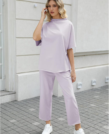 Women's 2-Piece Lounge Set – 3/4 Batwing Sleeve Capelet Top & Wide-Leg Pants