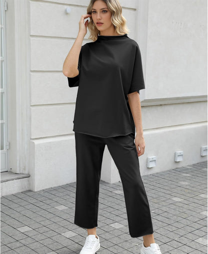Women's 2-Piece Lounge Set – 3/4 Batwing Sleeve Capelet Top & Wide-Leg Pants