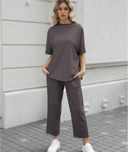 Women's 2-Piece Lounge Set – 3/4 Batwing Sleeve Capelet Top & Wide-Leg Pants