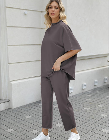 Women's 2-Piece Lounge Set – 3/4 Batwing Sleeve Capelet Top & Wide-Leg Pants