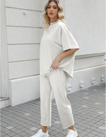 Women's 2-Piece Lounge Set – 3/4 Batwing Sleeve Capelet Top & Wide-Leg Pants