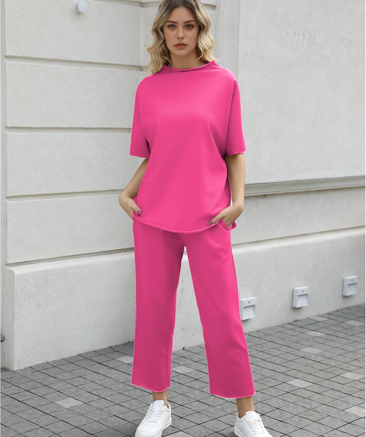 Women's 2-Piece Lounge Set – 3/4 Batwing Sleeve Capelet Top & Wide-Leg Pants