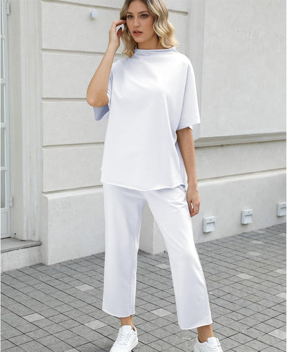 Women's 2-Piece Lounge Set – 3/4 Batwing Sleeve Capelet Top & Wide-Leg Pants