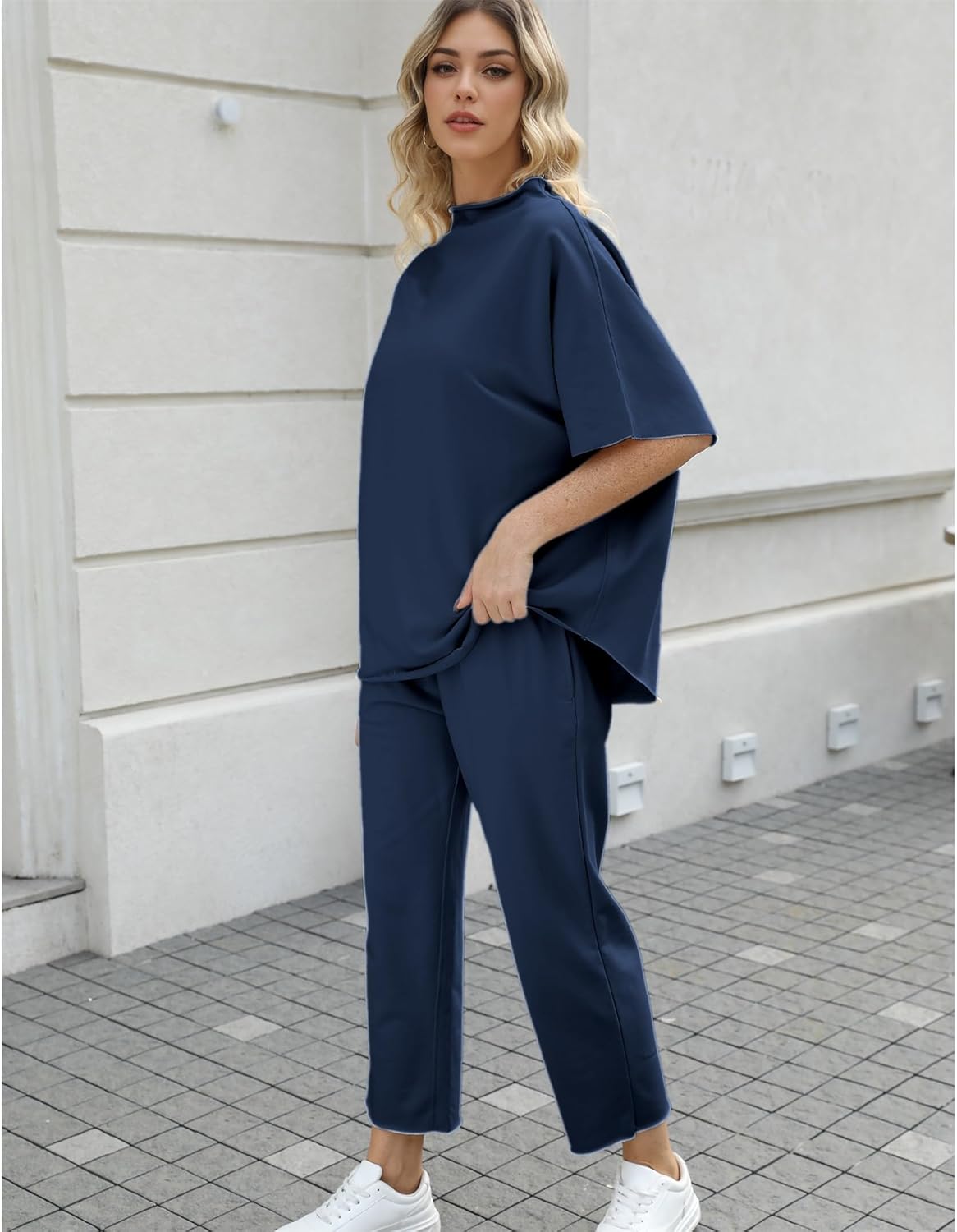 Women's 2-Piece Lounge Set – 3/4 Batwing Sleeve Capelet Top & Wide-Leg Pants