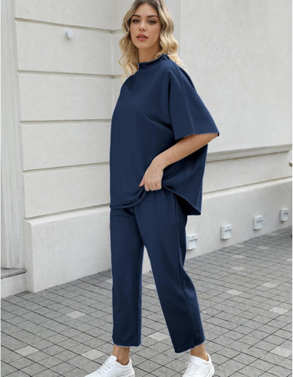 Women's 2-Piece Lounge Set – 3/4 Batwing Sleeve Capelet Top & Wide-Leg Pants