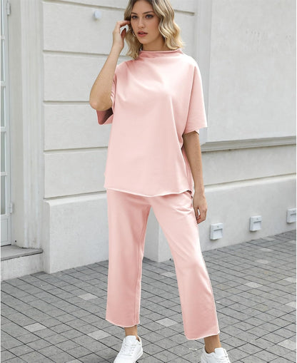 Women's 2-Piece Lounge Set – 3/4 Batwing Sleeve Capelet Top & Wide-Leg Pants