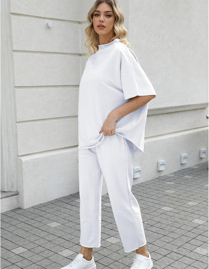 Women's 2-Piece Lounge Set – 3/4 Batwing Sleeve Capelet Top & Wide-Leg Pants