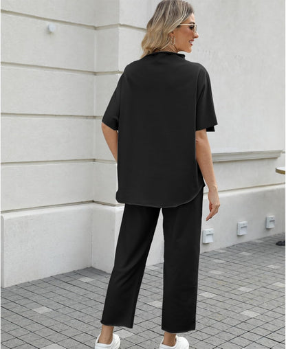 Women's 2-Piece Lounge Set – 3/4 Batwing Sleeve Capelet Top & Wide-Leg Pants