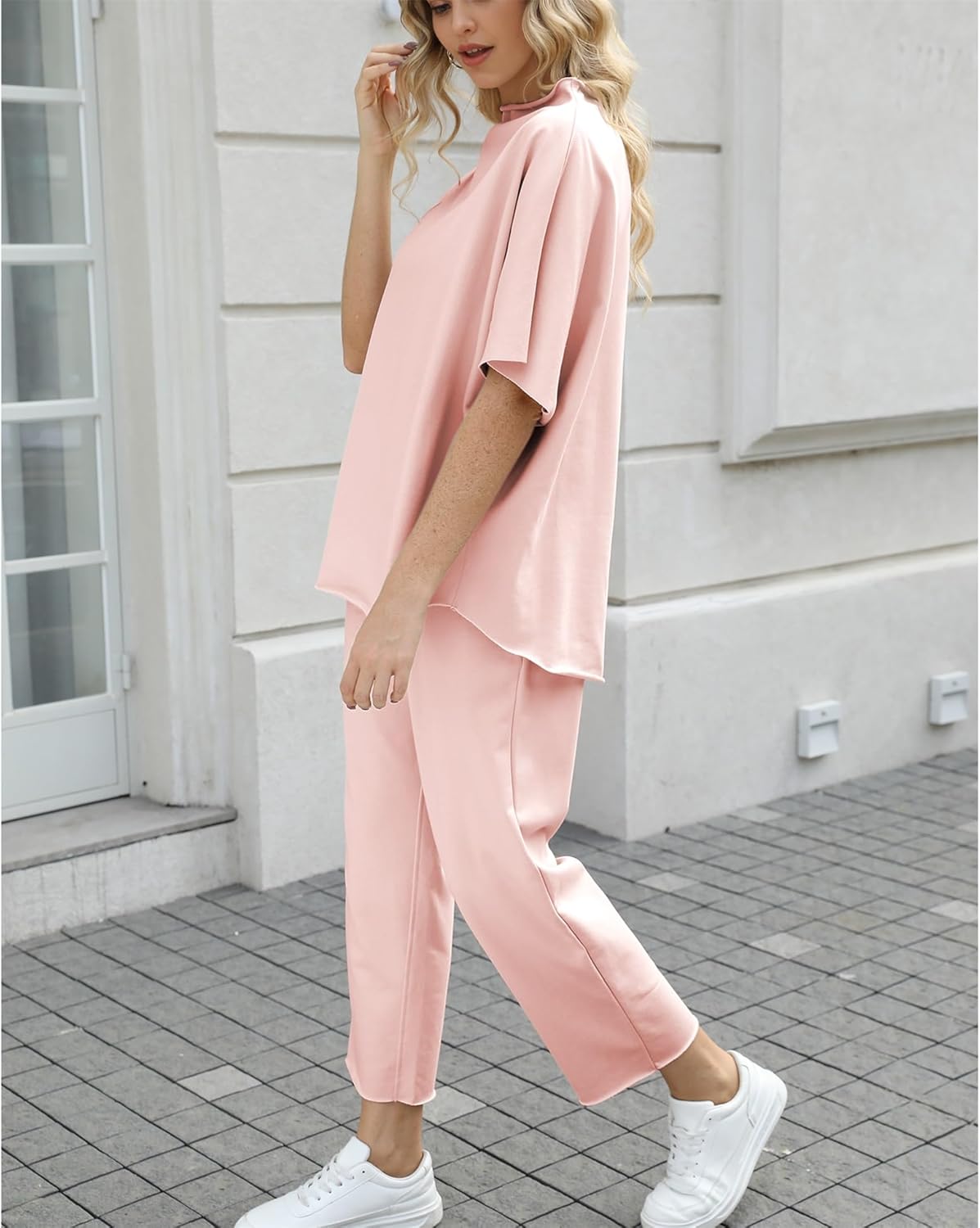 Women's 2-Piece Lounge Set – 3/4 Batwing Sleeve Capelet Top & Wide-Leg Pants