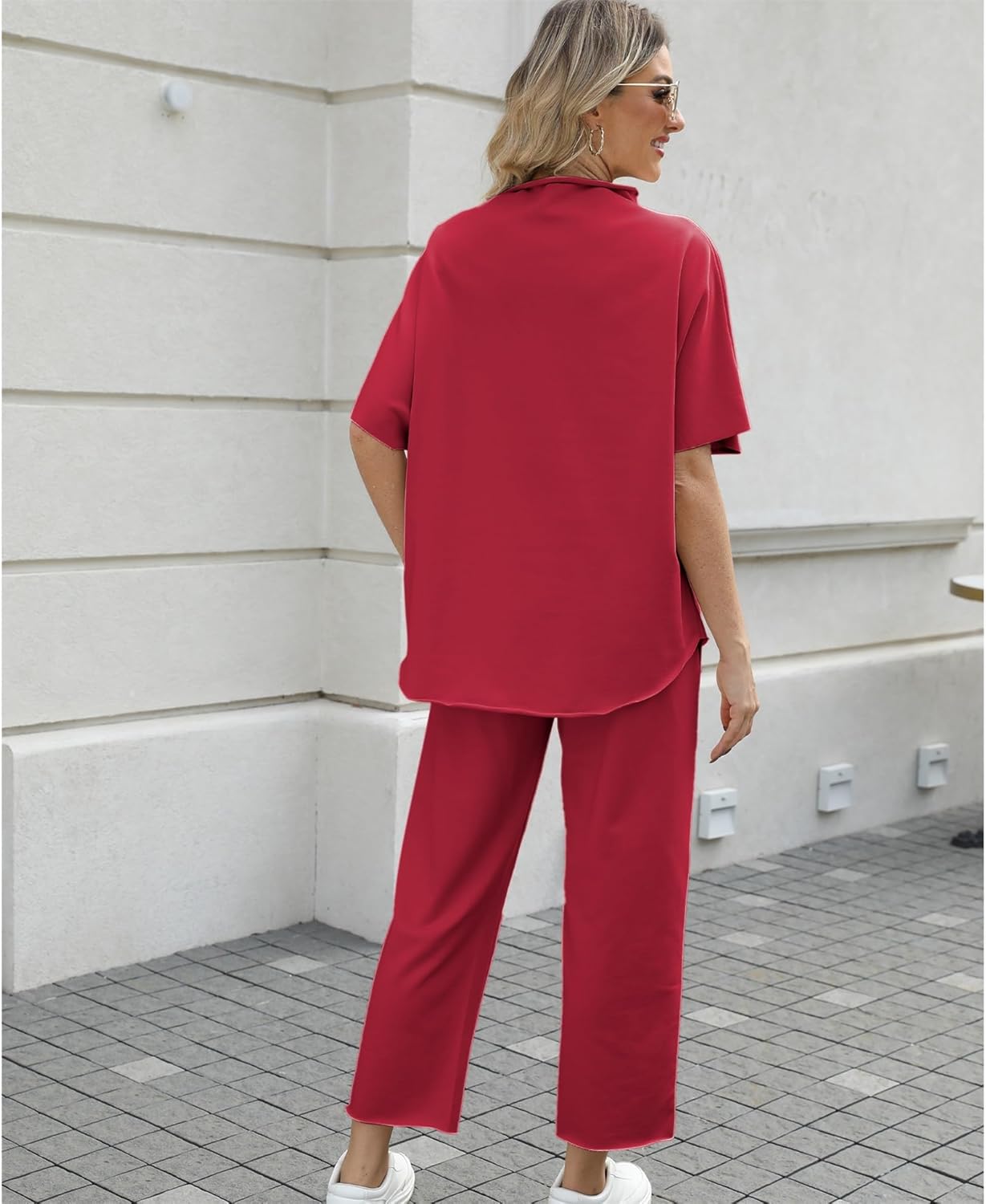 Women's 2-Piece Lounge Set – 3/4 Batwing Sleeve Capelet Top & Wide-Leg Pants