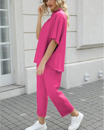 Women's 2-Piece Lounge Set – 3/4 Batwing Sleeve Capelet Top & Wide-Leg Pants