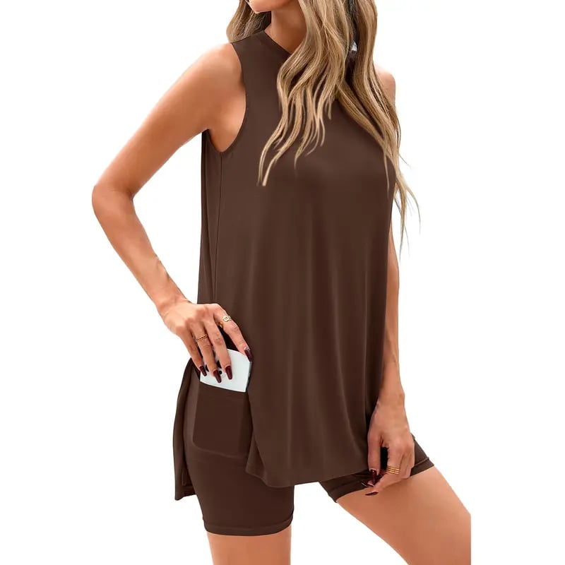 Sleeveless Crewneck Women's 2 Piece Sets Resort Split Hem Fitted